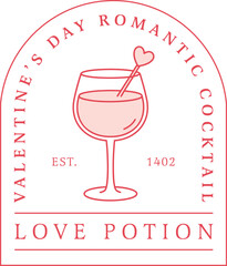 Valentines day romantic cocktail love potion logo label sticker glass with heart swizzle stick drawing. Fancy retro red and pink aesthetic witch theme illustration bar poster print tag design clipart.