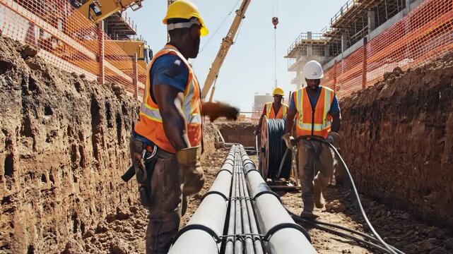 Utility workers installing large underground pipes and cables in a trench