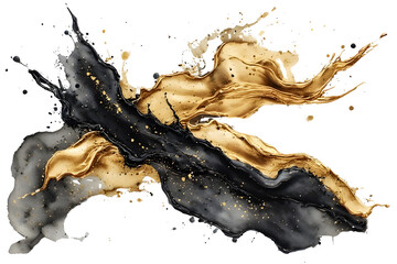 Metallic gold and matte black paint splash flowing diagonally, glossy highlights, luxury abstract aesthetic, isolated on white background, ultra-detailed.