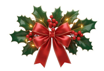 A festive holiday arrangement featuring a red ribbon holly leaves berries and twinkling golden lights