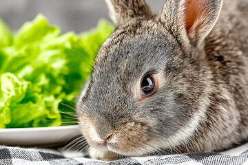 Rabbit happily chewing fresh lettuce on a clean white surface Generative AI