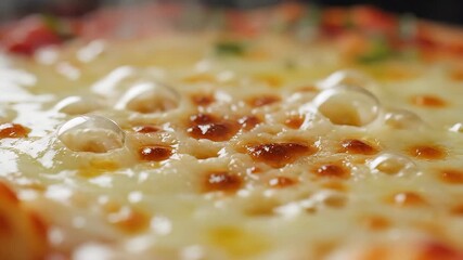 A mouthwatering extreme closeup shot of bubbling melted mozzarella cheese on a freshly baked pizza glistening with golden olive oil droplets creating an irresistible texture and a delicious savory ap.