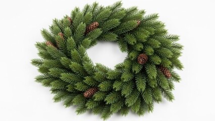 DEEP GREEN SCULPTED EVERGREEN WREATH, STRONG TEXTURE, 3D ON WHITE 