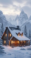Snow-covered mountain cabin retreat offering warmth and tranquility on a winter's day