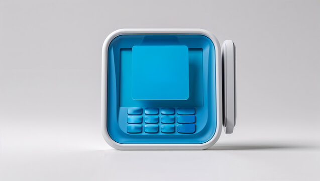 A payment terminal displays a vivid blue credit card icon on a sharp screen. its prominent keypad and clean, modern lines are isolated against white, emphasizing secure, high-tech transacti - Powered by Adobe