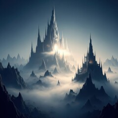 Majestic gothic castle piercing ethereal clouds in mountainous landscape at dusk