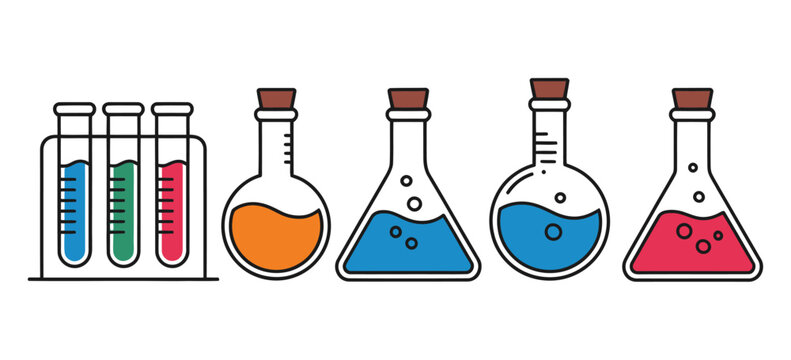 Colorful science lab illustration, including flasks, beakers, and test tubes with bright liquids, perfect for educational materials, laboratory experiments, scientific research visuals, STEM learning,