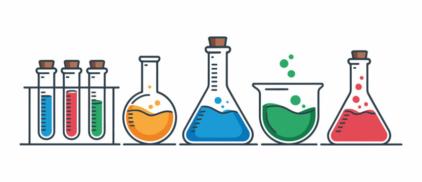 Colorful science lab equipment illustration, featuring an array of flasks and test tubes filled with vibrant liquids, ideal for scientific experiments, chemistry education, laboratory design