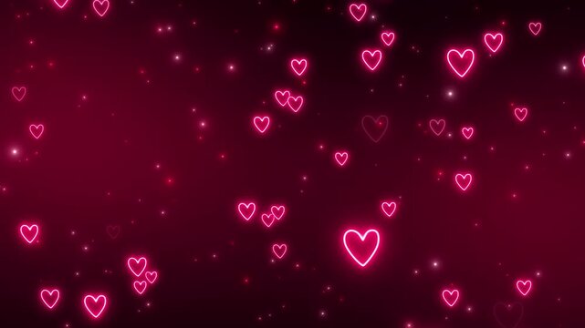 valentines day red hearts neon lights and glitter glowing dust animation, shiny glowing heart romantic love motion background