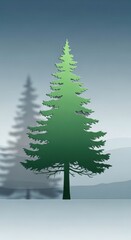Stylized Evergreen Illustration: Serene Forest Landscape with a Single Majestic Fir