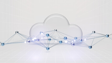 3D Cloud Icon Connected by Network of Glowing Blue and Silver Spheres computing technology