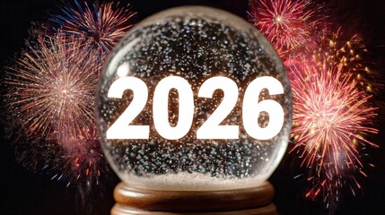 A Glimpse into 2026: A captivating glimpse into the future as the year 2026 appears through a mystical snow globe. Sparklers and firework bursts, creating an atmosphere of anticipation and revelry