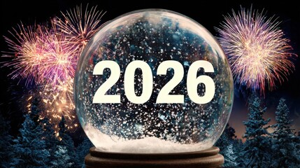 A Glimpse into 2026: A captivating snow globe, adorned with the year 2026, rests amidst a festive display of fireworks and twinkling trees, symbolizing hope, celebration.