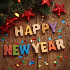 Happy New Year Wishes: A festive wooden arrangement spells out Happy New Year, adorned with colorful letters and sparkling decorations, perfect for seasonal greetings.