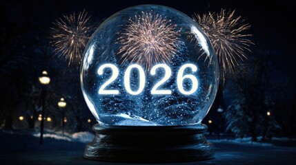 Year 2026 Crystal Ball: A glowing 2026 number resides within a snow globe, accompanied by enchanting fireworks. A visionary symbol of the upcoming new year.