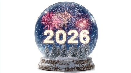 New Year's Eve 2026 Snow Globe Celebration: Festive snow globe showcasing a vibrant display of fireworks within, commemorating the year 2026 amid a wintery scene.