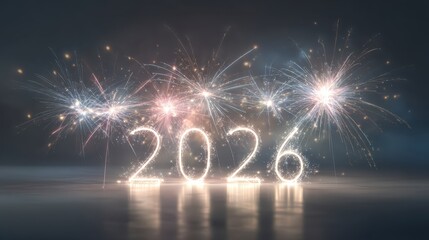 New Year Sparkle: A dazzling display of fireworks light up the night sky, with the year 2026 illuminated in radiant light, symbolizing hope and celebration for the future.