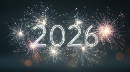 A Sparkling New Year 2026: An elegant display of shimmering fireworks illuminates the new year's numeral 2026, creating a celebratory atmosphere of hope and festivity.