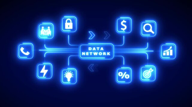 Neon Network Diagram with Icons Linked to Central Text Data Network on Dark Blue technology connection
