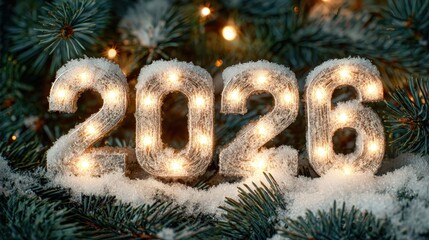 New Year's Eve 2026: Sparkling illuminated numbers of the New Year 2026 sit amidst snowy evergreen boughs. The image embodies the promise and joy of new beginnings, a celebratory visual.