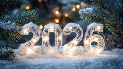 Festive 2026: The year 2026 is elegantly displayed in a snowy winter scene, with a cozy atmosphere perfect for New Year festivities. The year is represented by shining numbers.
