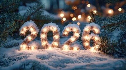 Illuminated 2026: The New Year's Promise: A festive tableau of the year 2026, crafted from lights, nestles in a snowy setting, promising a season of joy and celebration.