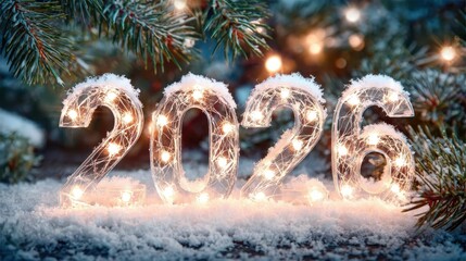 Sparkling Year 2026: The New Year 2026 shimmers, with illuminated numbers sparkling, set against a backdrop of snow-dusted fir branches, offering warmth and the anticipation of new beginnings.