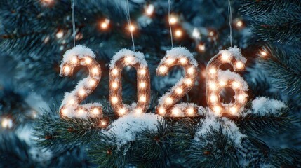 New Year Glow: Illuminated numbers shimmer against a backdrop of frosted pine needles, creating a festive atmosphere for the coming year.