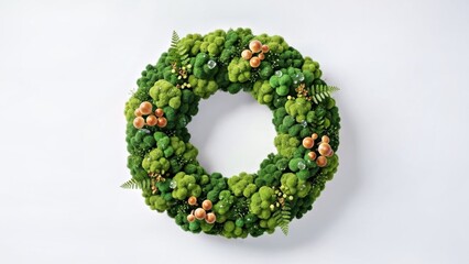 STYLIZED WREATH WITH DEEP GREEN MOSS TEXTURE, SOFT PLUSH LOOK ON WHITE BACKGROUND