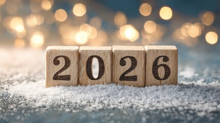 New Year 2026: Wooden blocks displaying the year 2026 rest on a snowy surface, illuminated by a soft bokeh, inviting contemplation on the future and the unfolding year ahead.