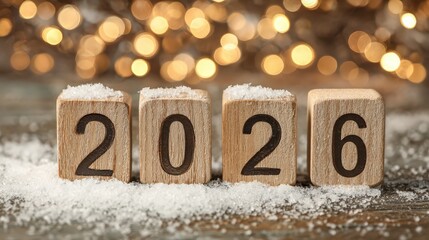 New Year's Eve 2026: Wooden blocks with 2026 numbers in snow celebration on a shimmering light background. A festive atmosphere marking the beginning of a fresh year.