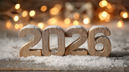 New Year's Eve 2026: Wooden numerals spell out the year 2026, set against a blurred backdrop of twinkling lights, hinting at festive cheer. A fresh blanket of snow blankets the scene.