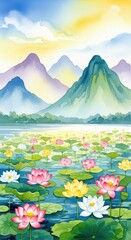 Watercolor serenity: Lotus pond reflects mountain peaks in vibrant harmony