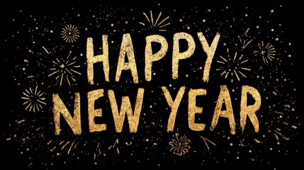 Festive New Year Greeting: A golden Happy New Year text with sparkling fireworks against a dark backdrop, embodying the joyous spirit of a fresh start.