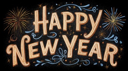 Happy New Year Celebration: A festive New Year's greeting displayed in elegant calligraphy, accentuated by bursts of vibrant fireworks, creating a joyous and celebratory atmosphere. 