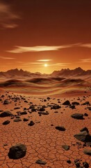 Striking Martian Vista: A Parched Landscape Under a Fiery Sky with Mountain Range