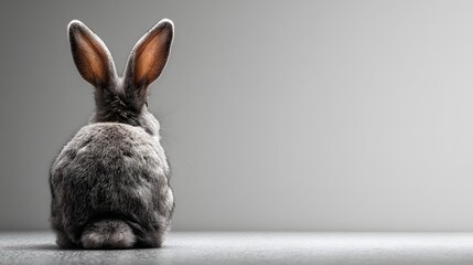 A captivating rear view of a fluffy bunny rabbit against a neutral backdrop.