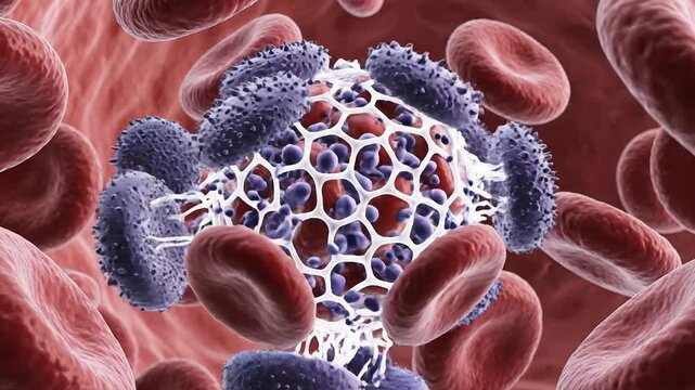 Microscopic journey through the bloodstream encountering immune cells and viral invaders