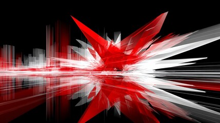 Abstract digital art with a stylized city skyline, red burst on a black background
