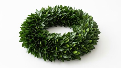  WREATH MADE OF DEEP GREEN GLOSSY LEAVES, DENSE AND LUXURIOUS TEXTURE, FLOATING ON WHITE