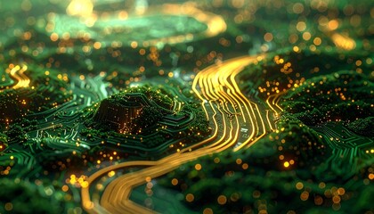 Abstract Circuit Board with Glowing Pathways and Data Flow.