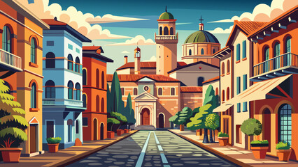 Fototapeta premium Very beautiful street view of Ravenna showcasing historic brick architecture and quiet urban rhythm, representing a city renowned for its ancient mosaics and deep cultural heritage.