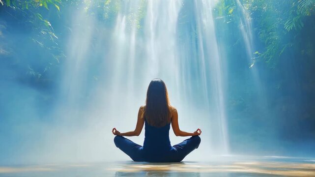 A woman sits in meditation by a waterfall in a peaceful forest, enveloped by mist and natural beauty in the morning light
