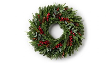  WREATH OF DEEP GREEN WINTER FOLIAGE, SOFT SHADOWING, CLEAN WHITE BACKGROUND 