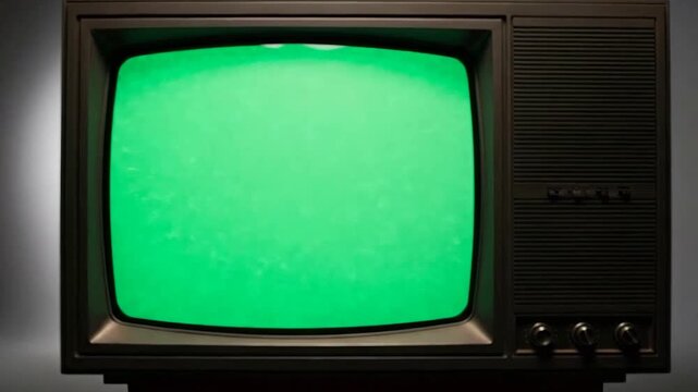 Vintage Television Displaying Green Static On Stand In Illuminated Studio Environment