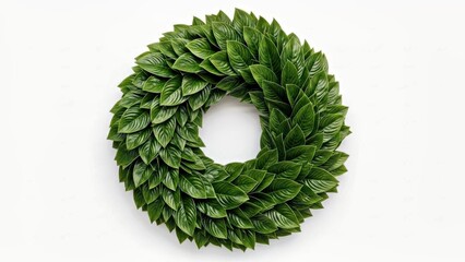 WREATH WITH DEEP GREEN BOLD LEAF CLUSTERS, GLOSSY FINISH ON WHITE 