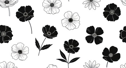 Elegant floral pattern showcasing delicate flower illustrations in contrasting black and white