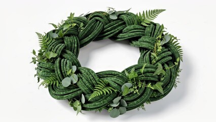 WREATH WITH DEEP GREEN BRAIDED FOLIAGE, HIGHLY DETAILED PLANT TEXTURE ON WHITE