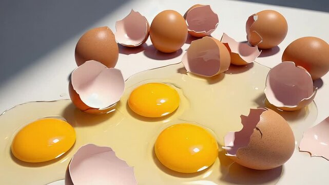 Broken Eggs with Raw Yolks and Cracked Shells on Light Surface