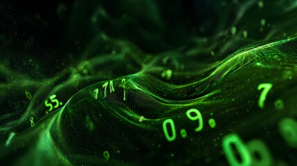 Abstract digital data stream with glowing green numbers and lines.
